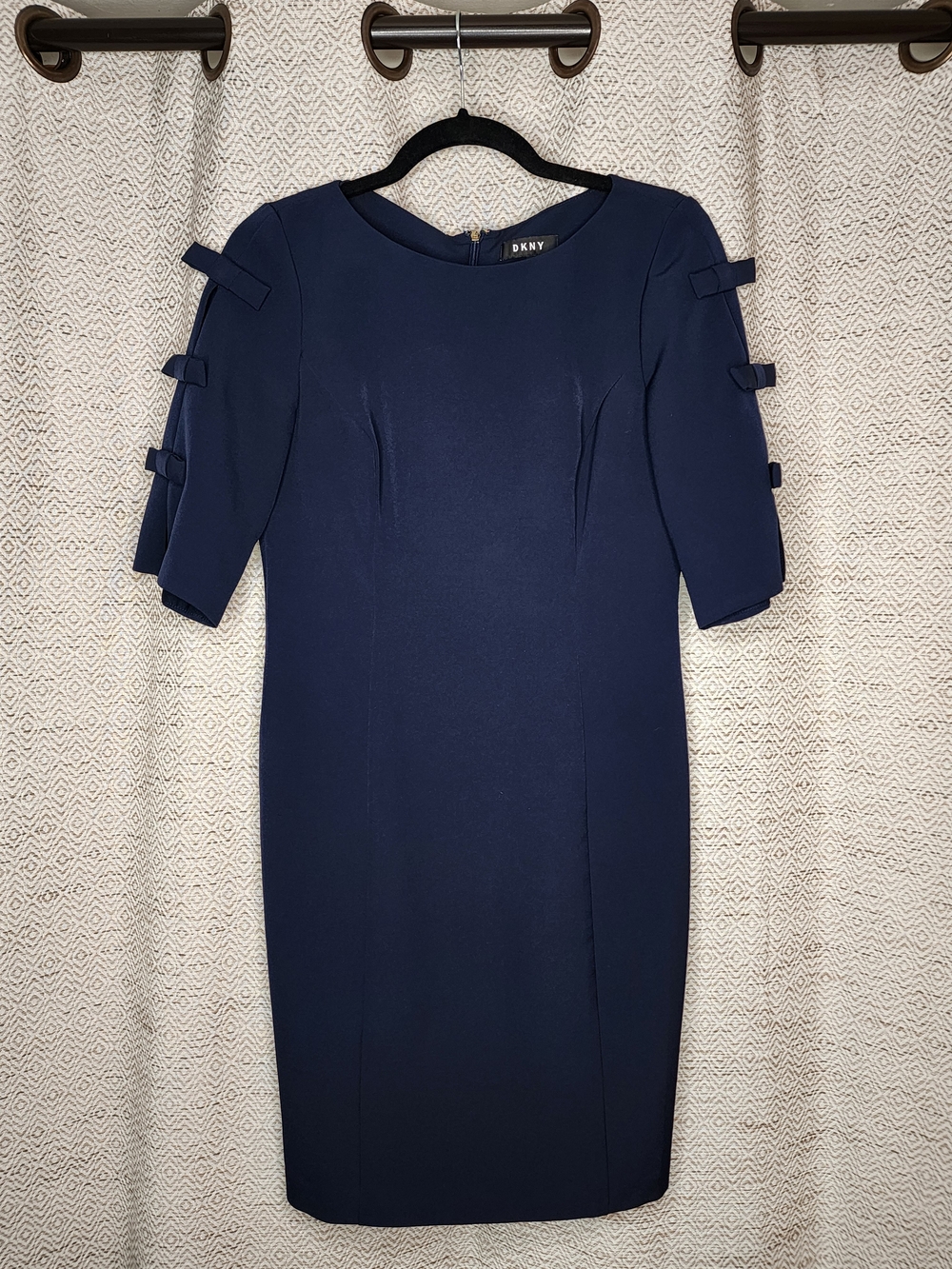 DKNY Navy Midi Dress with Bow-Accent Sleeves